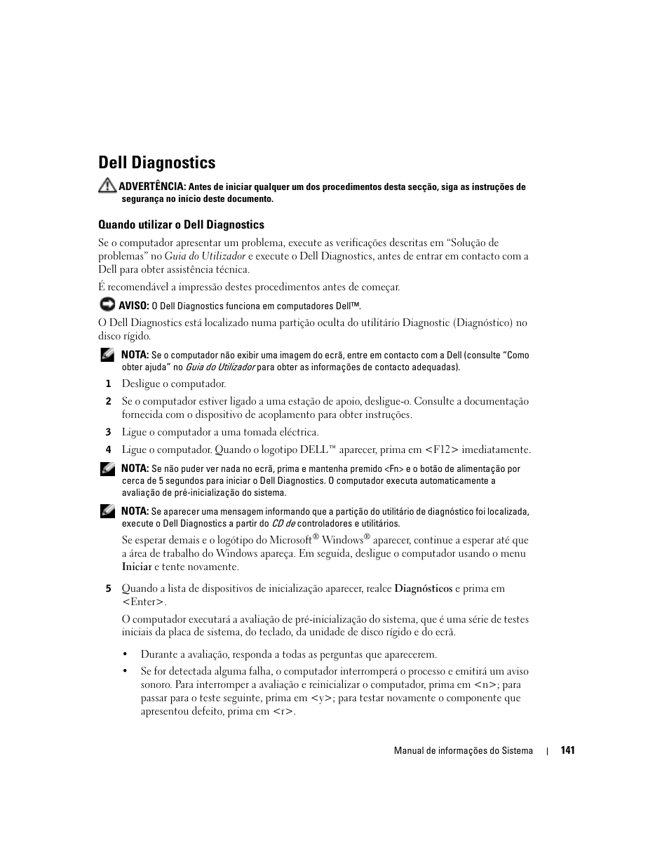 Dell diagnostics, Quando utilizar o dell diagnostics | Dell Latitude D505 User Manual | Page 143 / 172