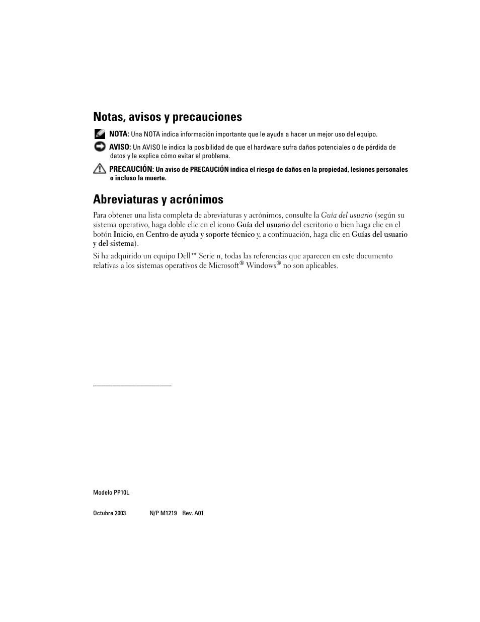 Notas, avisos y precauciones, Abreviaturas y acrónimos | Dell Latitude D505 User Manual | Page 148 / 172