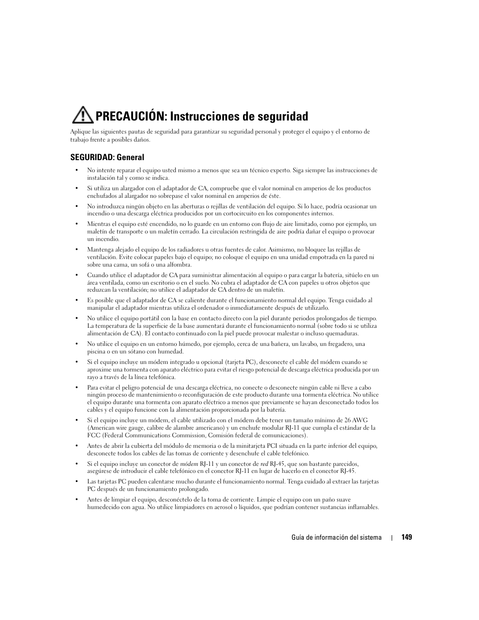 Precaución: instrucciones de seguridad, Seguridad: general | Dell Latitude D505 User Manual | Page 151 / 172