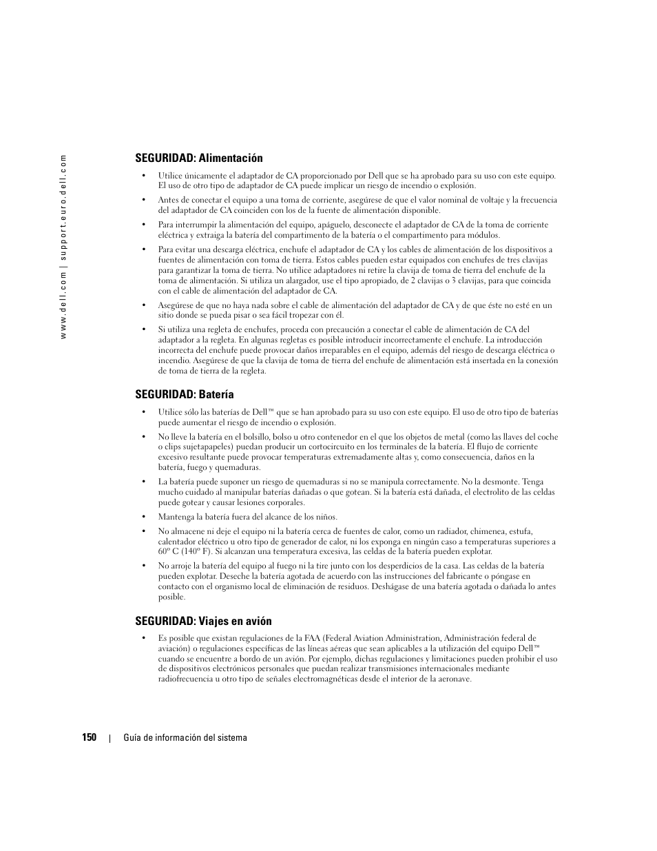 Seguridad: alimentación, Seguridad: batería, Seguridad: viajes en avión | Dell Latitude D505 User Manual | Page 152 / 172