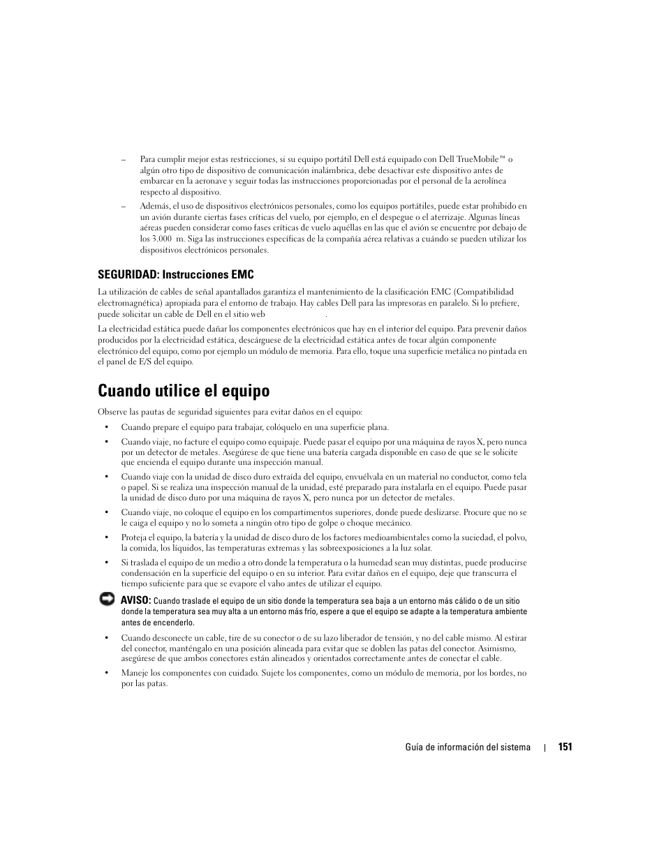 Cuando utilice el equipo, Seguridad: instrucciones emc | Dell Latitude D505 User Manual | Page 153 / 172