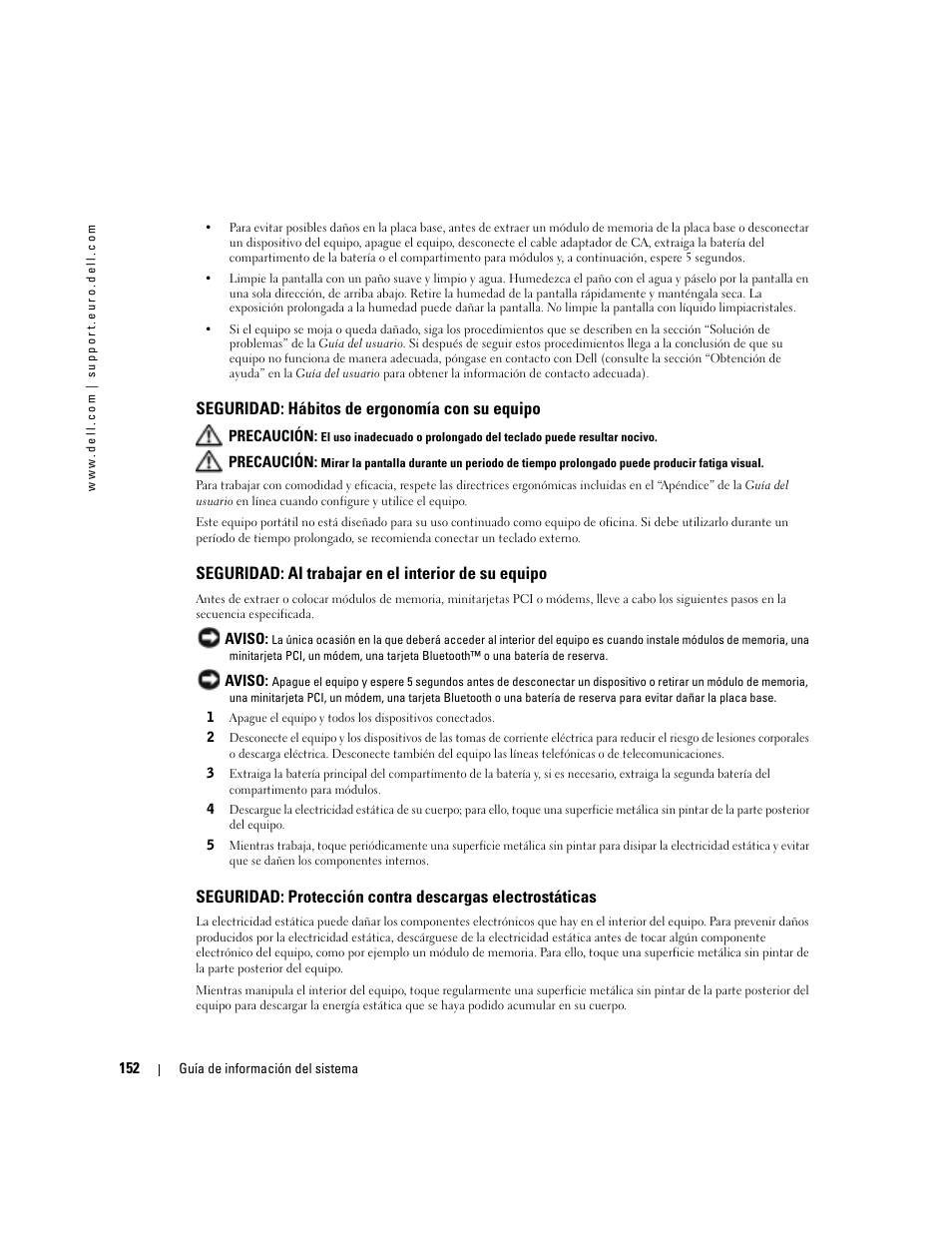 Seguridad: hábitos de ergonomía con su equipo, Seguridad: al trabajar en el interior de su equipo | Dell Latitude D505 User Manual | Page 154 / 172