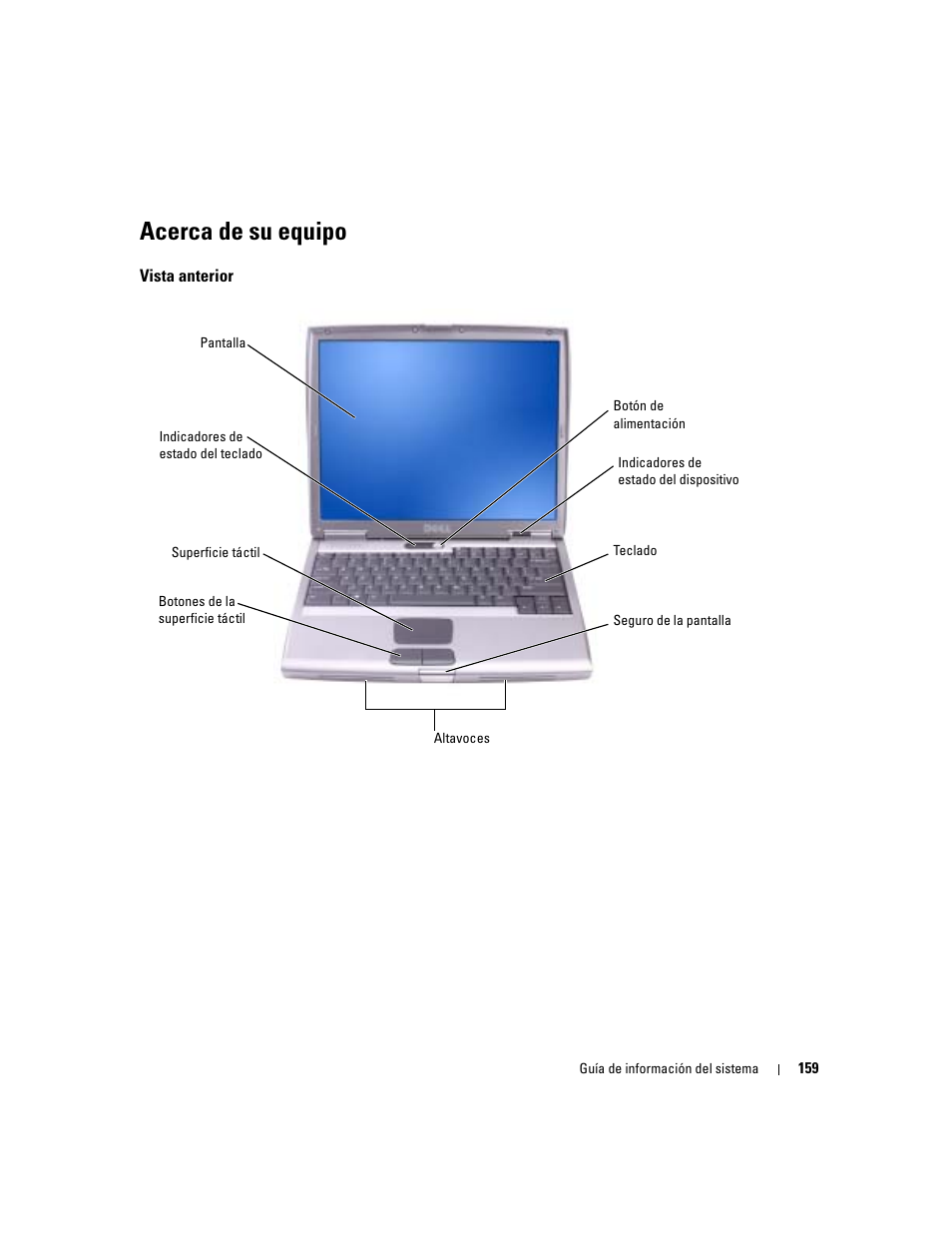 Acerca de su equipo, Vista anterior | Dell Latitude D505 User Manual | Page 161 / 172