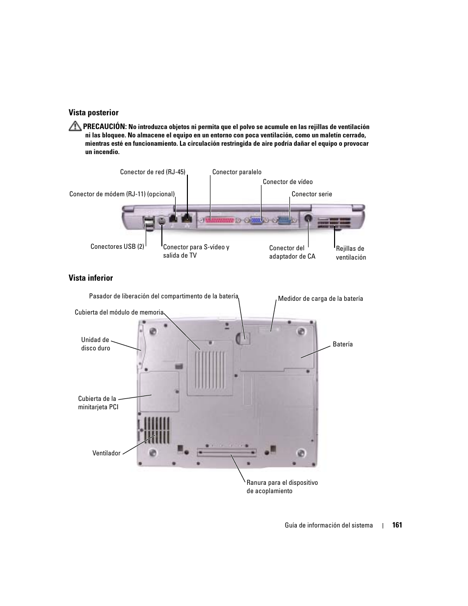 Vista posterior, Vista inferior | Dell Latitude D505 User Manual | Page 163 / 172