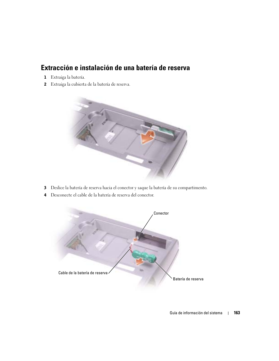 Extracción e instalación de una batería de reserva | Dell Latitude D505 User Manual | Page 165 / 172