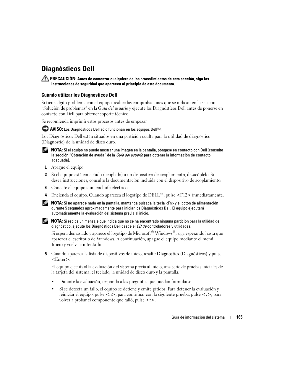 Diagnósticos dell, Cuándo utilizar los diagnósticos dell | Dell Latitude D505 User Manual | Page 167 / 172