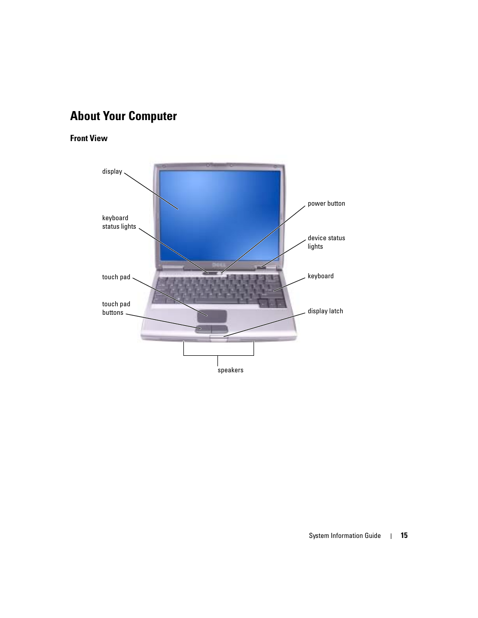 About your computer, Front view | Dell Latitude D505 User Manual | Page 17 / 172