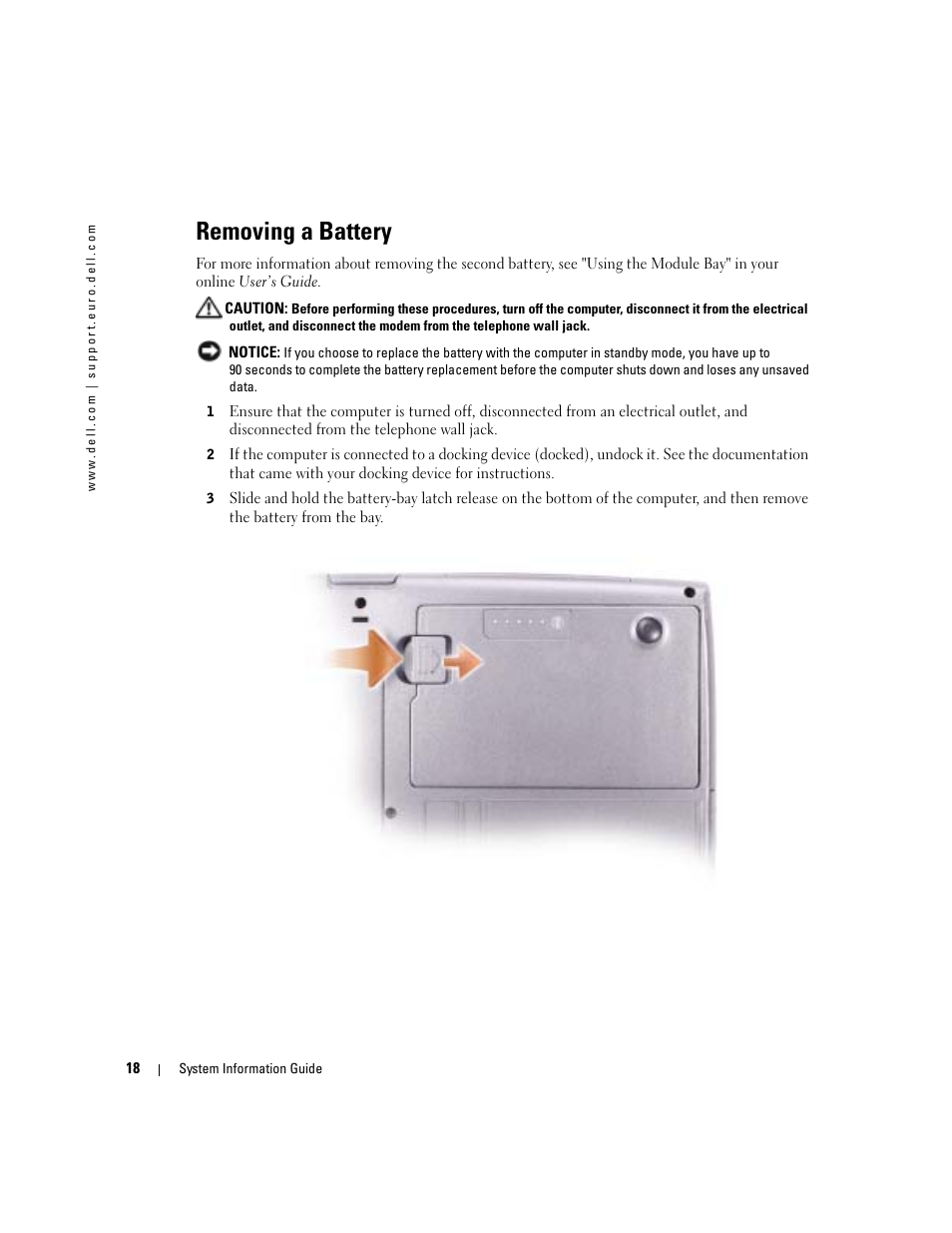 Removing a battery | Dell Latitude D505 User Manual | Page 20 / 172