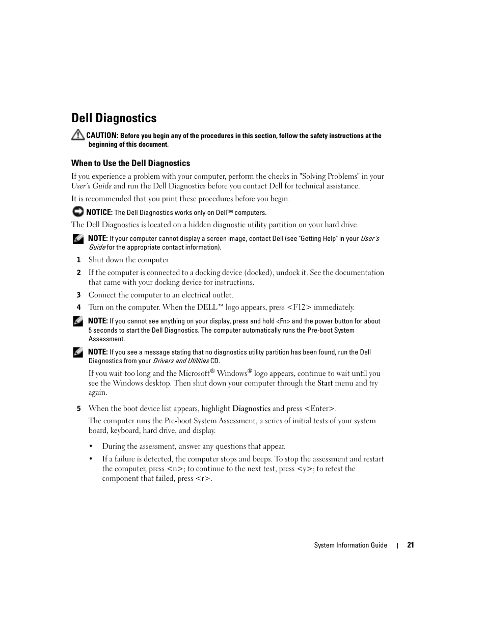 Dell diagnostics, When to use the dell diagnostics | Dell Latitude D505 User Manual | Page 23 / 172