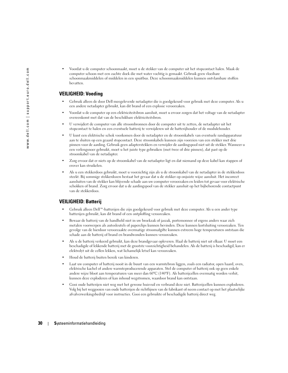 Veiligheid: voeding, Veiligheid: batterij | Dell Latitude D505 User Manual | Page 32 / 172