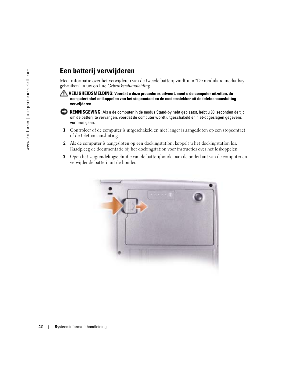 Een batterij verwijderen | Dell Latitude D505 User Manual | Page 44 / 172