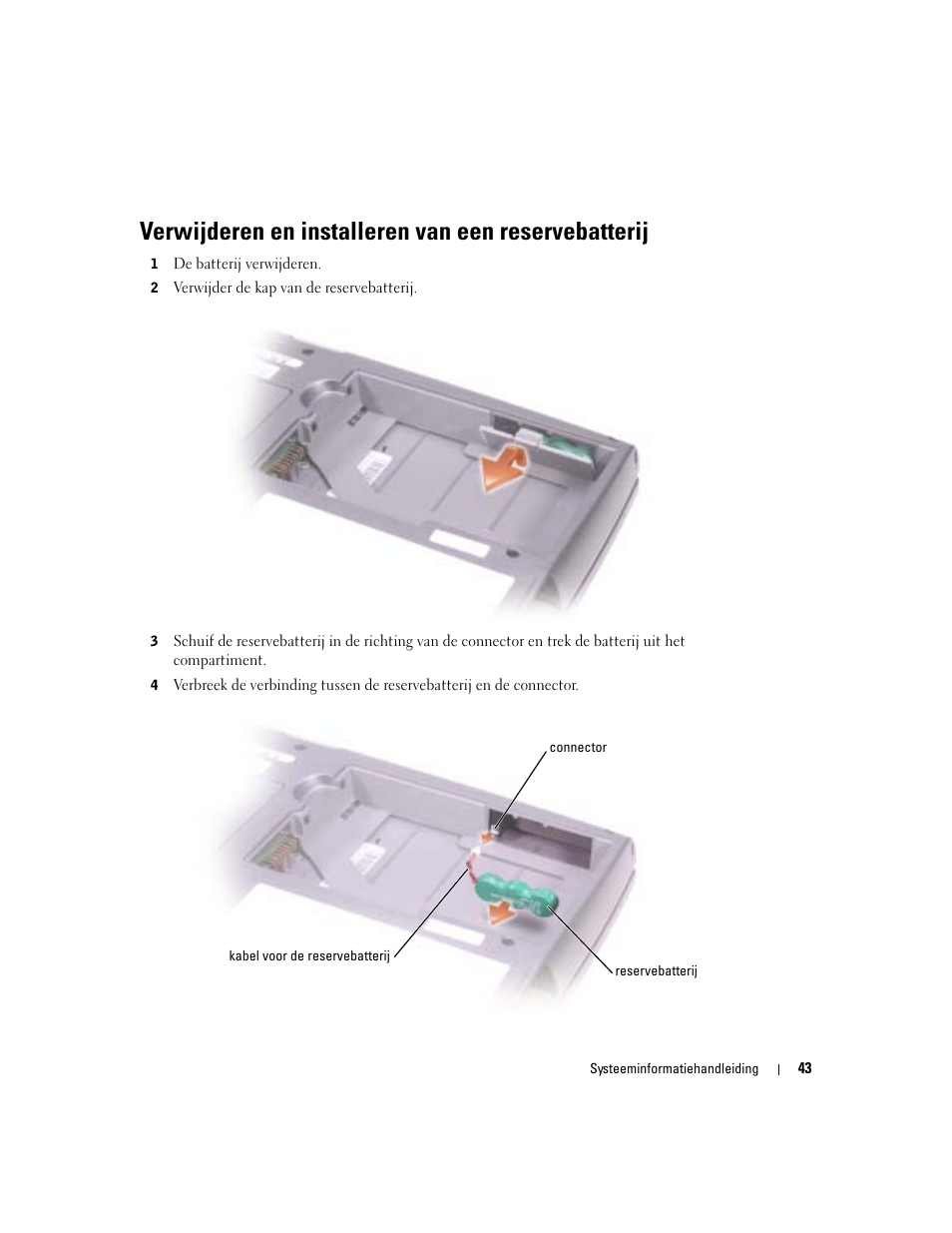 Verwijderen en installeren van een reservebatterij | Dell Latitude D505 User Manual | Page 45 / 172