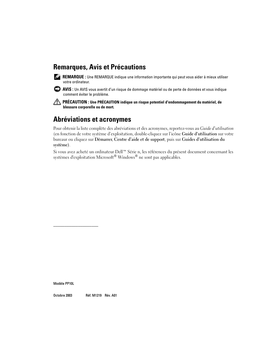 Remarques, avis et précautions, Abréviations et acronymes | Dell Latitude D505 User Manual | Page 52 / 172