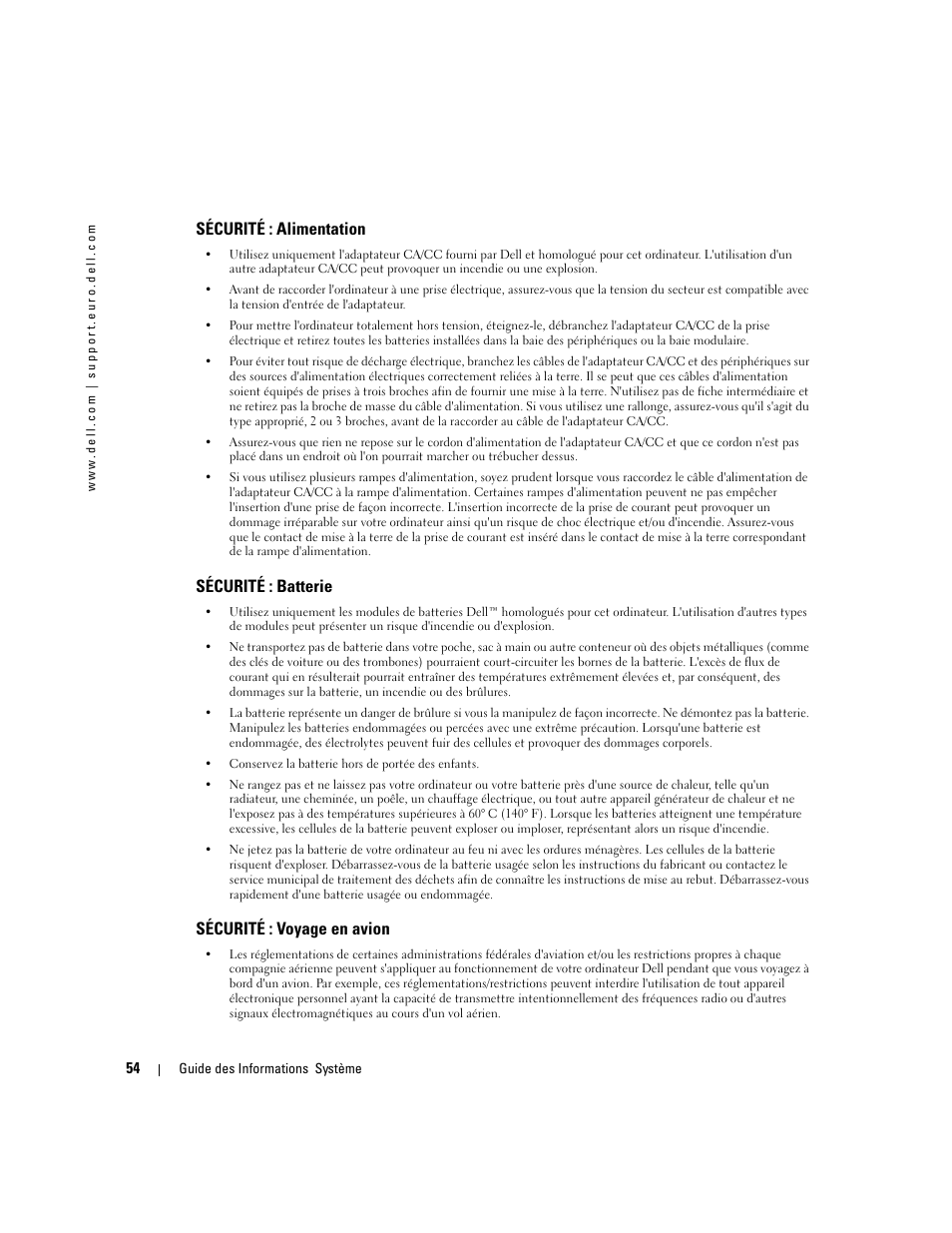 Sécurité : alimentation, Sécurité : batterie, Sécurité : voyage en avion | Dell Latitude D505 User Manual | Page 56 / 172