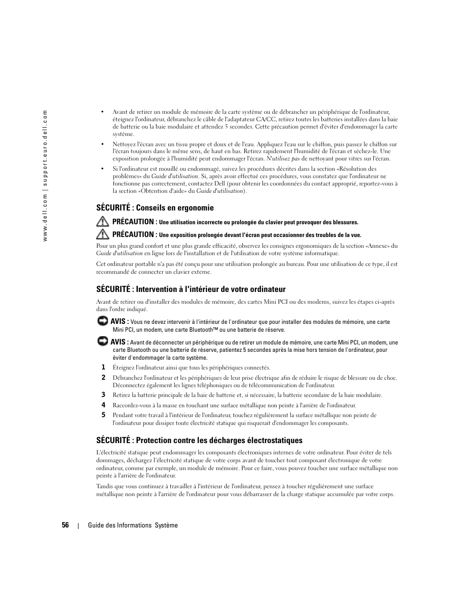 Sécurité : conseils en ergonomie | Dell Latitude D505 User Manual | Page 58 / 172