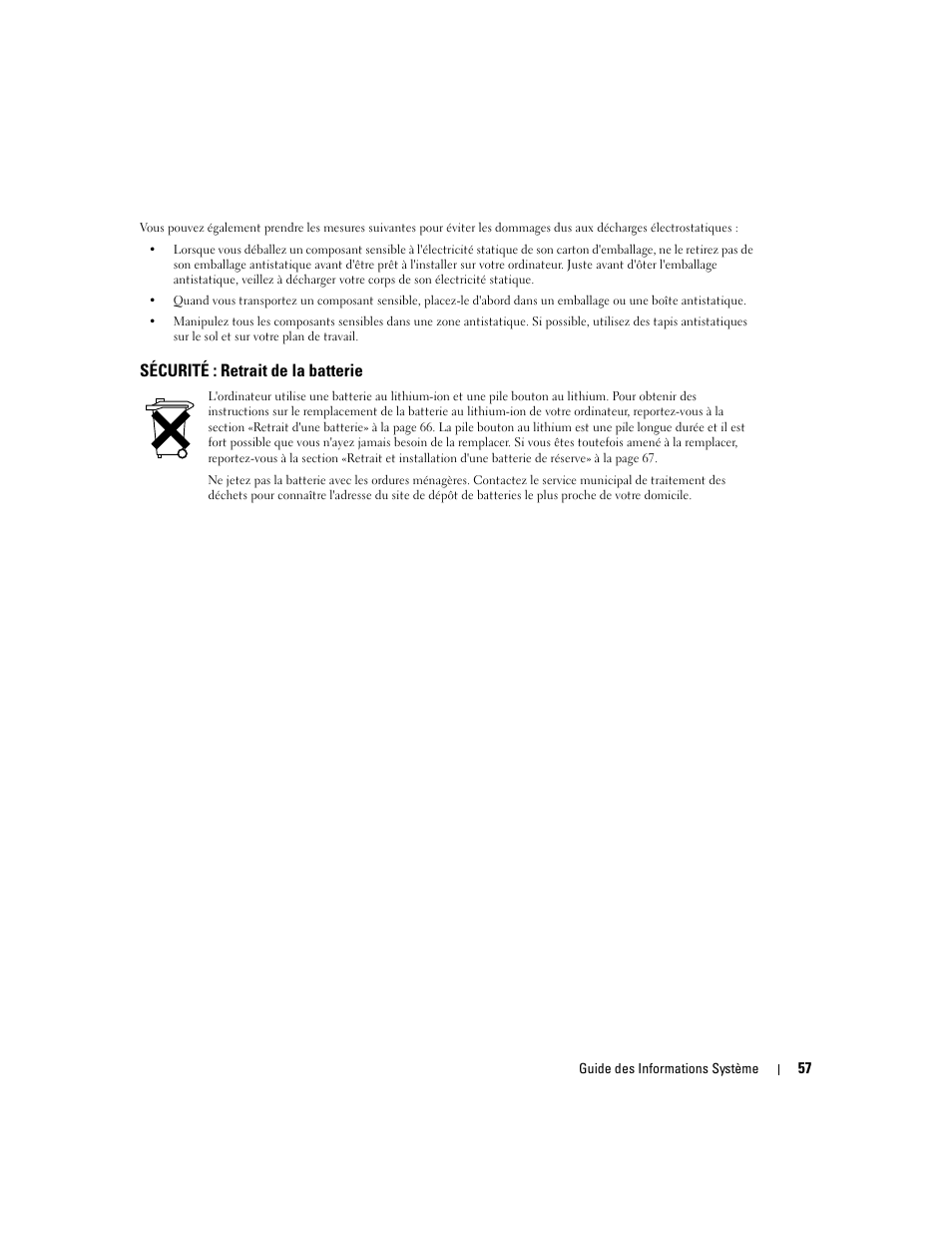 Sécurité : retrait de la batterie | Dell Latitude D505 User Manual | Page 59 / 172