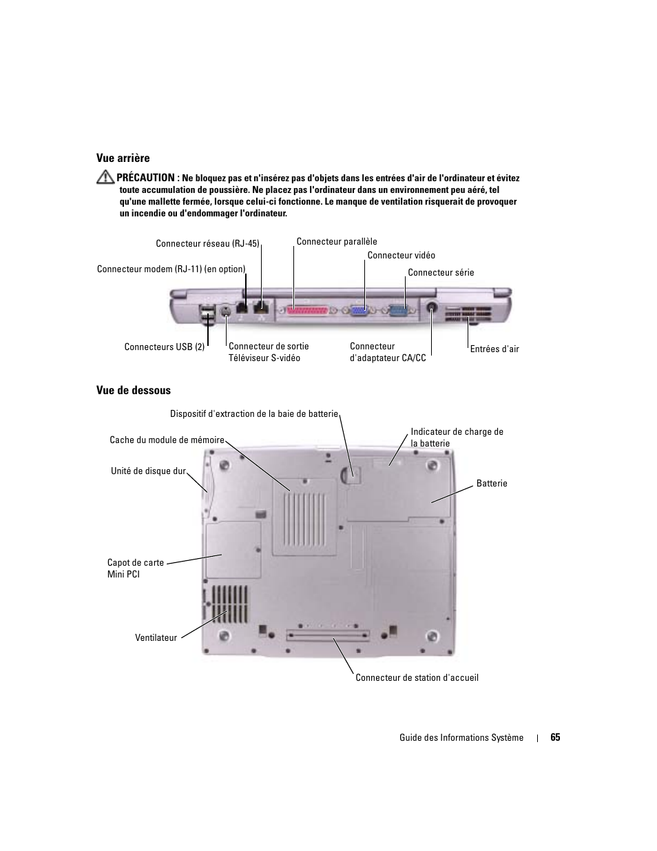 Vue arrière, Vue de dessous | Dell Latitude D505 User Manual | Page 67 / 172