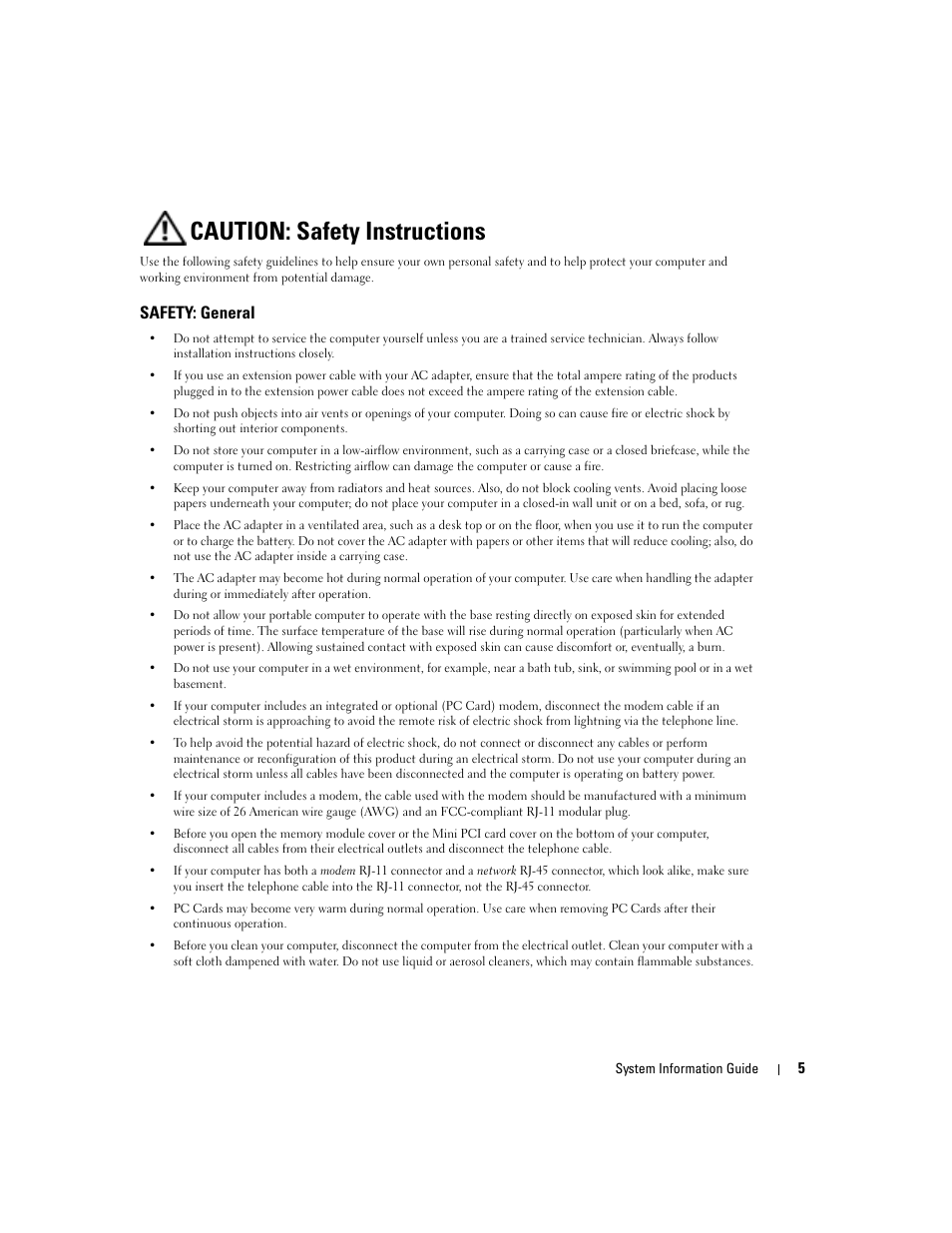 Caution: safety instructions, Safety: general | Dell Latitude D505 User Manual | Page 7 / 172