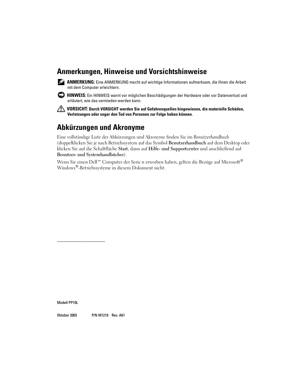 Anmerkungen, hinweise und vorsichtshinweise, Abkürzungen und akronyme | Dell Latitude D505 User Manual | Page 76 / 172