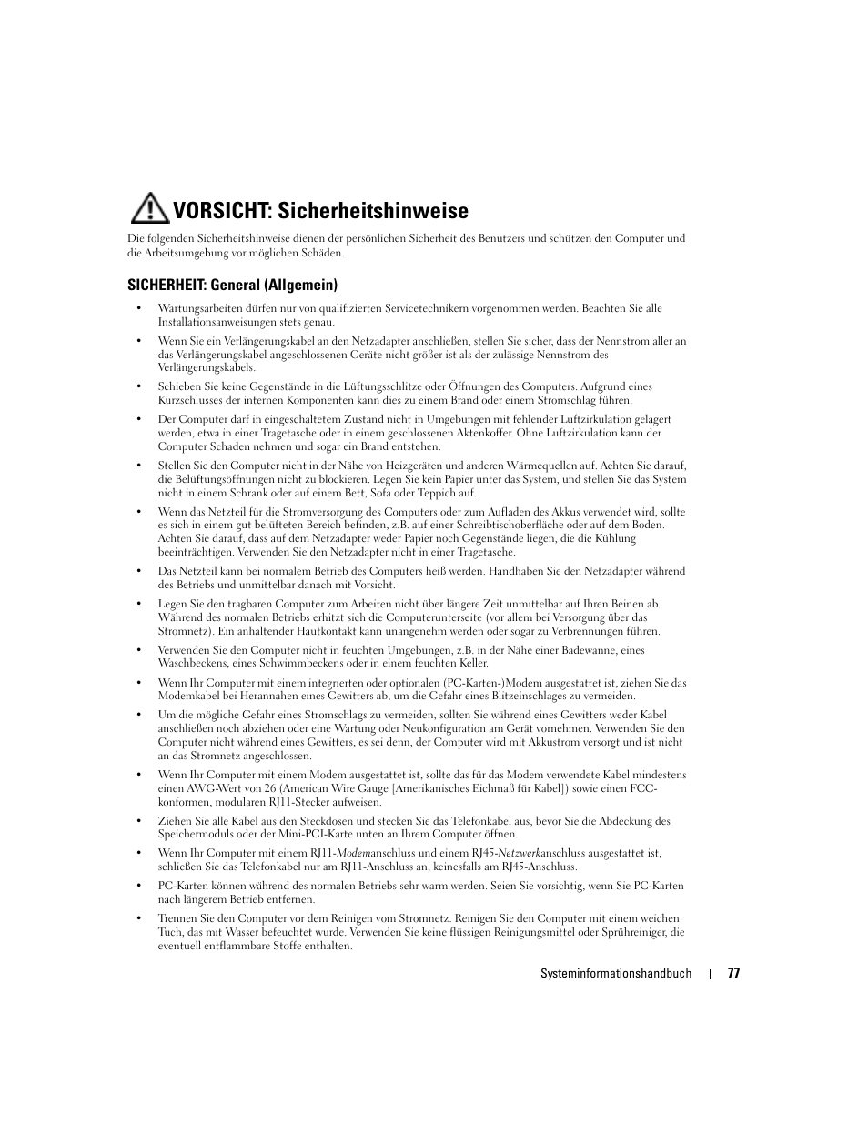 Vorsicht: sicherheitshinweise, Sicherheit: general (allgemein) | Dell Latitude D505 User Manual | Page 79 / 172