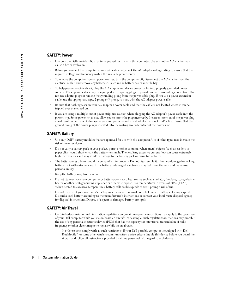 Safety: power, Safety: battery, Safety: air travel | Dell Latitude D505 User Manual | Page 8 / 172