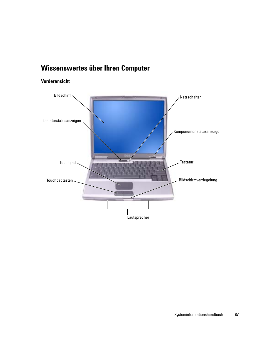 Wissenswertes über ihren computer, Vorderansicht | Dell Latitude D505 User Manual | Page 89 / 172