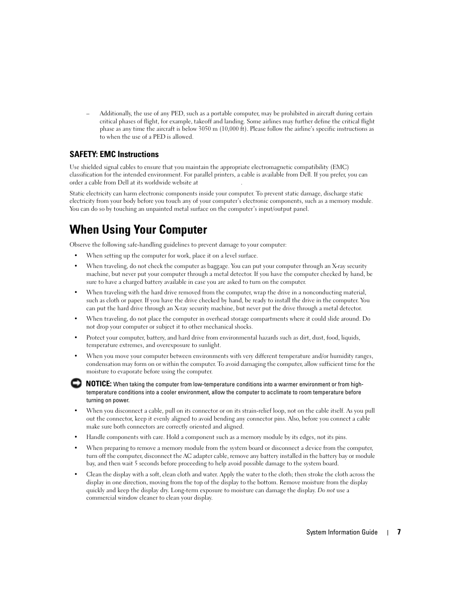 When using your computer, Safety: emc instructions | Dell Latitude D505 User Manual | Page 9 / 172