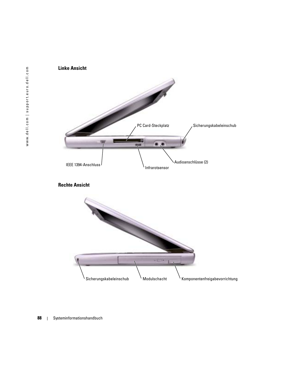 Linke ansicht, Rechte ansicht | Dell Latitude D505 User Manual | Page 90 / 172