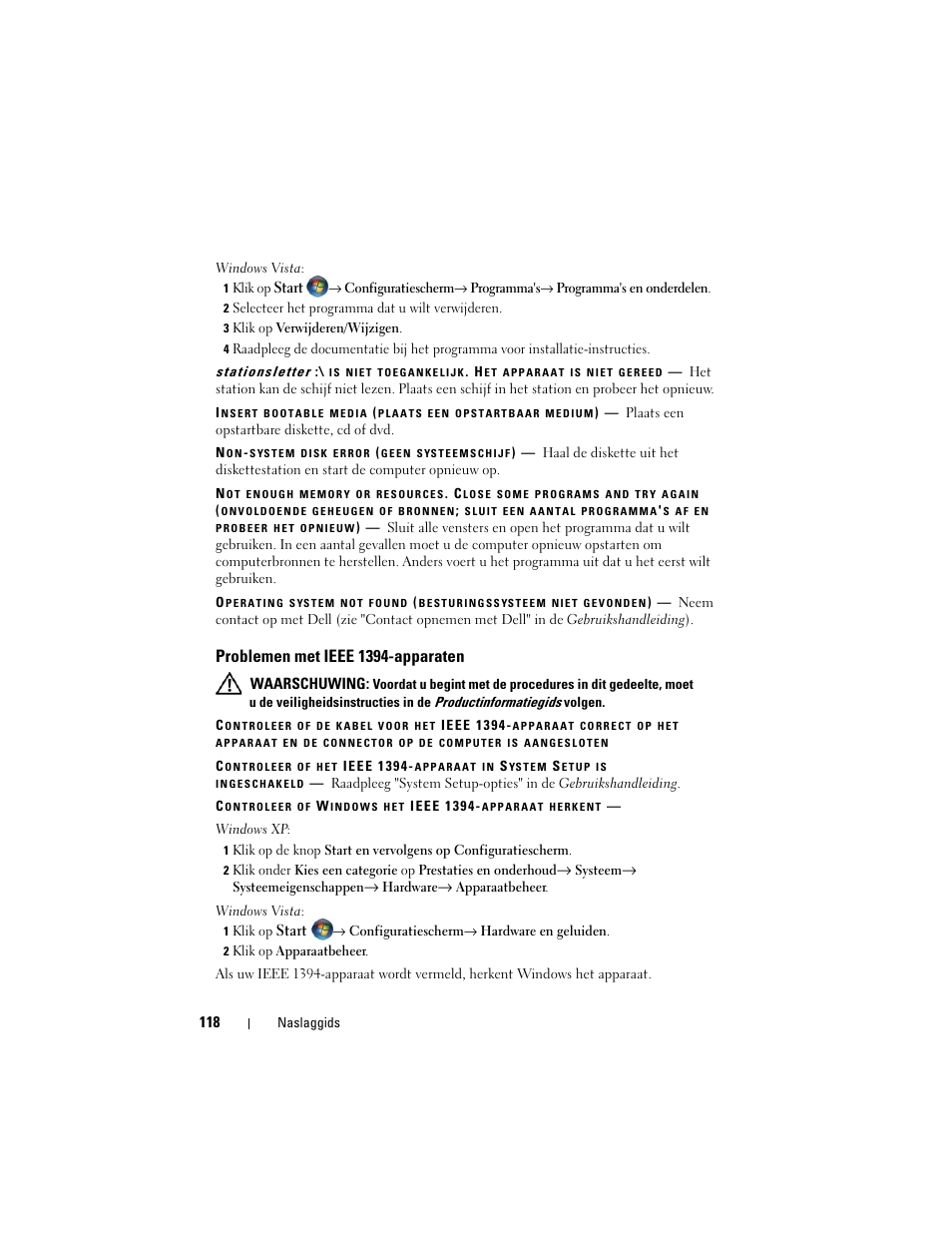 Problemen met ieee 1394-apparaten | Dell Precision T3400 (Late 2007) User Manual | Page 118 / 422