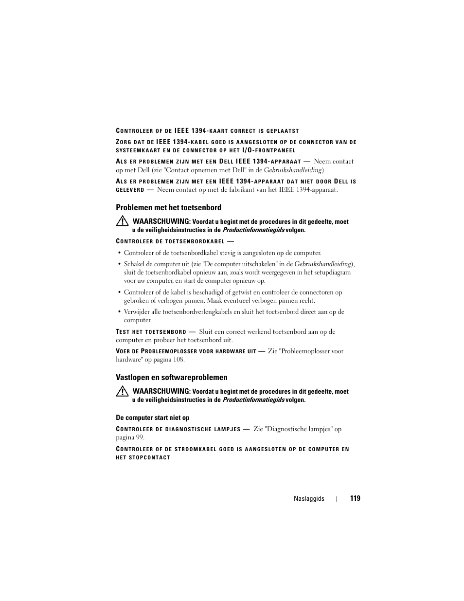 Problemen met het toetsenbord, Vastlopen en softwareproblemen | Dell Precision T3400 (Late 2007) User Manual | Page 119 / 422