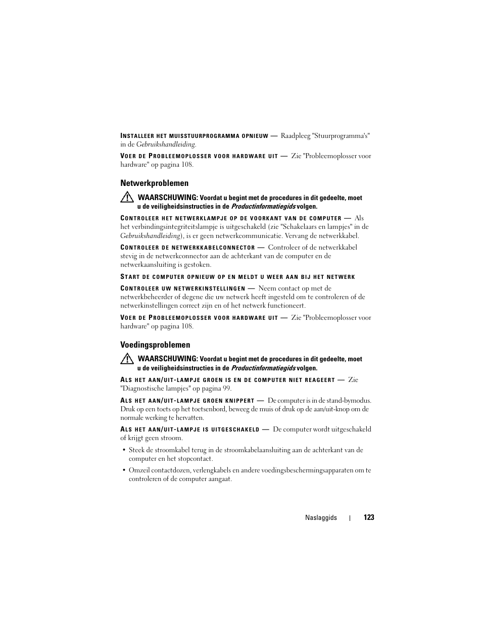Netwerkproblemen, Voedingsproblemen | Dell Precision T3400 (Late 2007) User Manual | Page 123 / 422