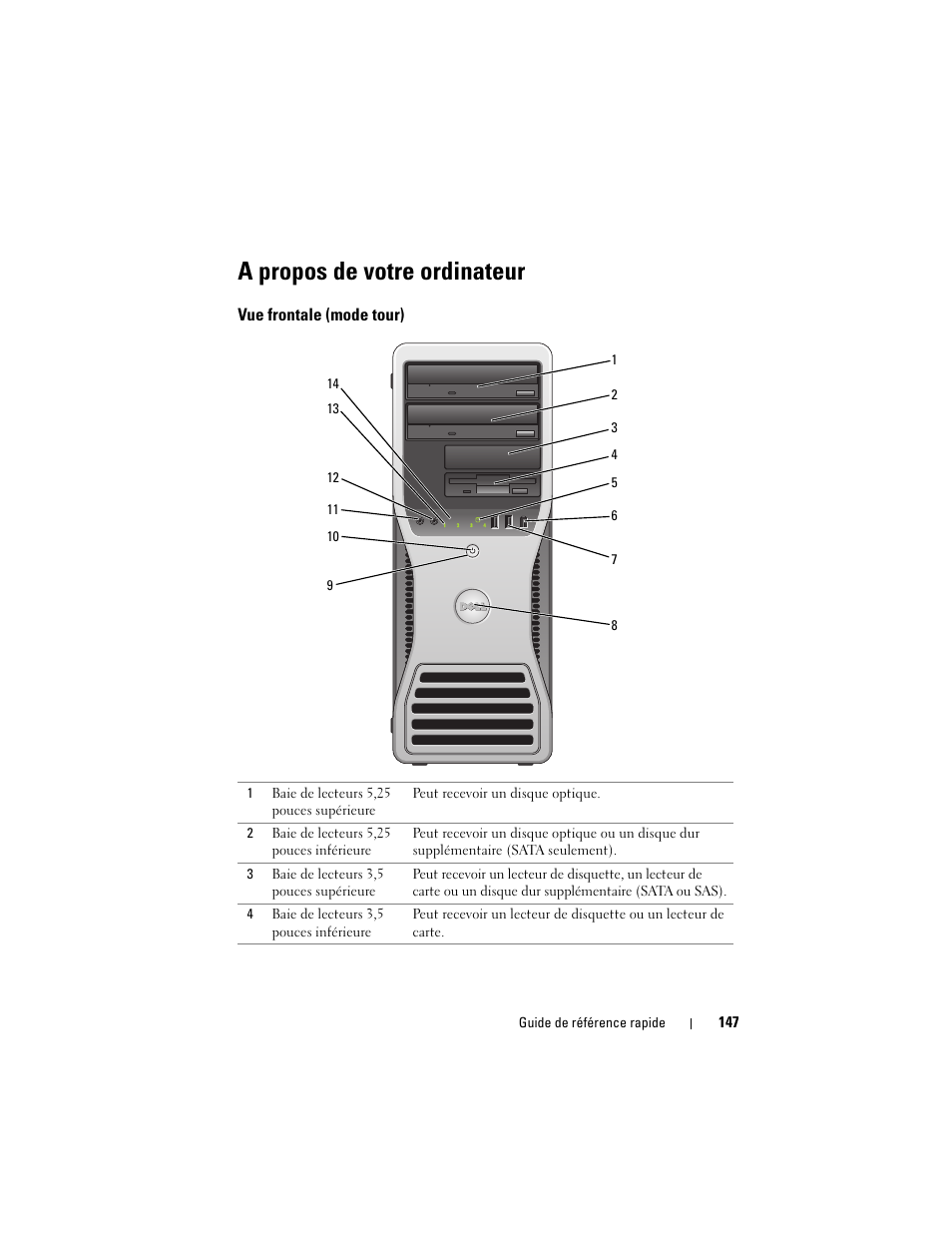 A propos de votre ordinateur, Vue frontale (mode tour) | Dell Precision T3400 (Late 2007) User Manual | Page 147 / 422