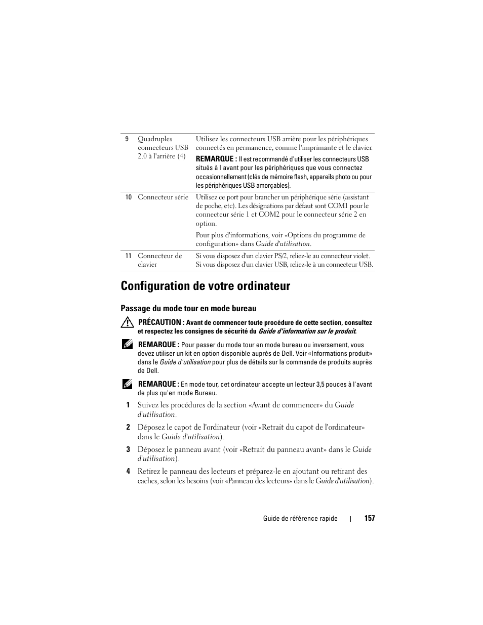 Configuration de votre ordinateur, Passage du mode tour en mode bureau | Dell Precision T3400 (Late 2007) User Manual | Page 157 / 422