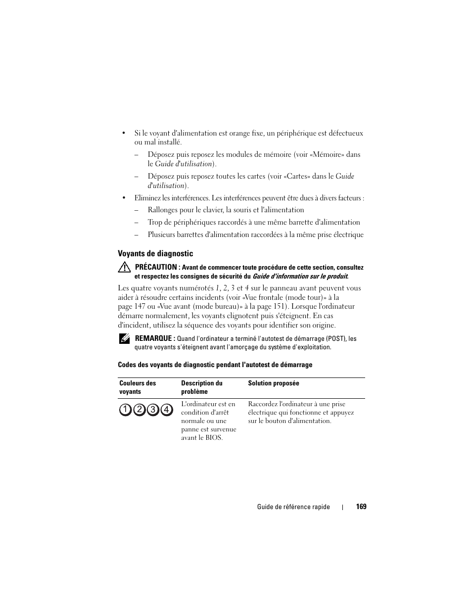 Voyants de diagnostic | Dell Precision T3400 (Late 2007) User Manual | Page 169 / 422