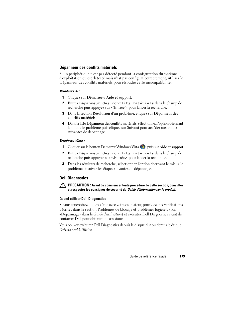 Dépanneur des conflits matériels, Dell diagnostics | Dell Precision T3400 (Late 2007) User Manual | Page 179 / 422