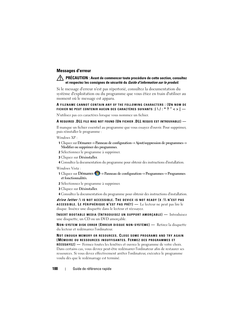 Messages d'erreur | Dell Precision T3400 (Late 2007) User Manual | Page 188 / 422