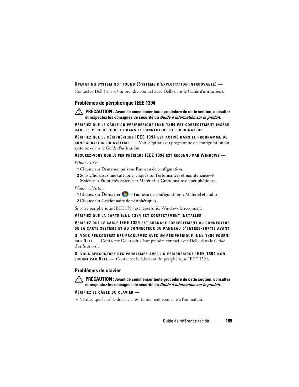 Problèmes de périphérique ieee 1394, Problèmes de clavier | Dell Precision T3400 (Late 2007) User Manual | Page 189 / 422