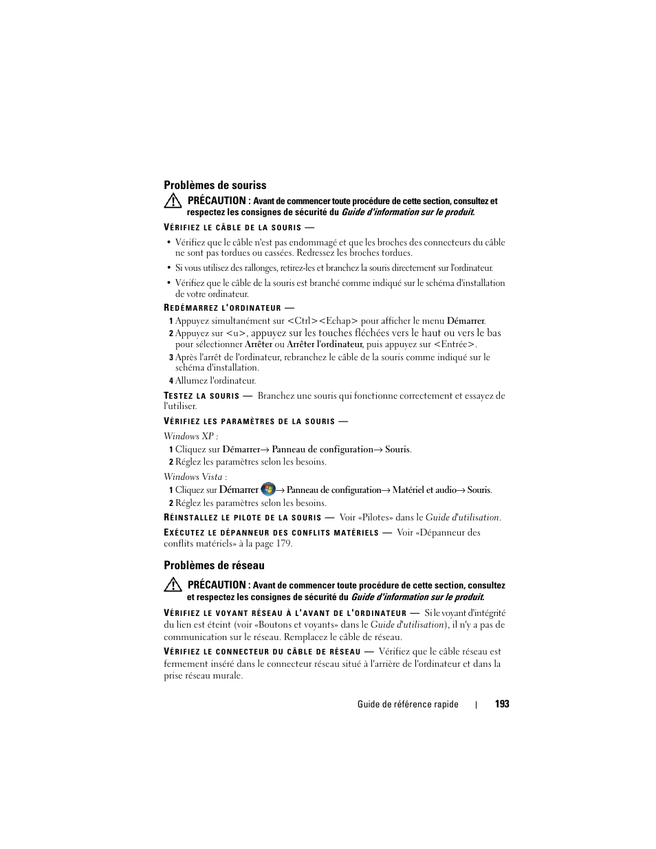 Problèmes de souriss, Problèmes de réseau | Dell Precision T3400 (Late 2007) User Manual | Page 193 / 422