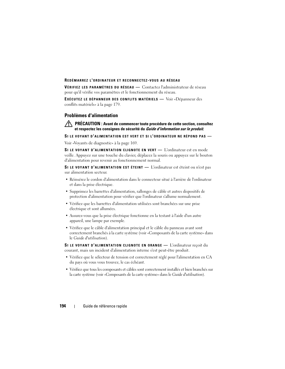 Problèmes d'alimentation | Dell Precision T3400 (Late 2007) User Manual | Page 194 / 422