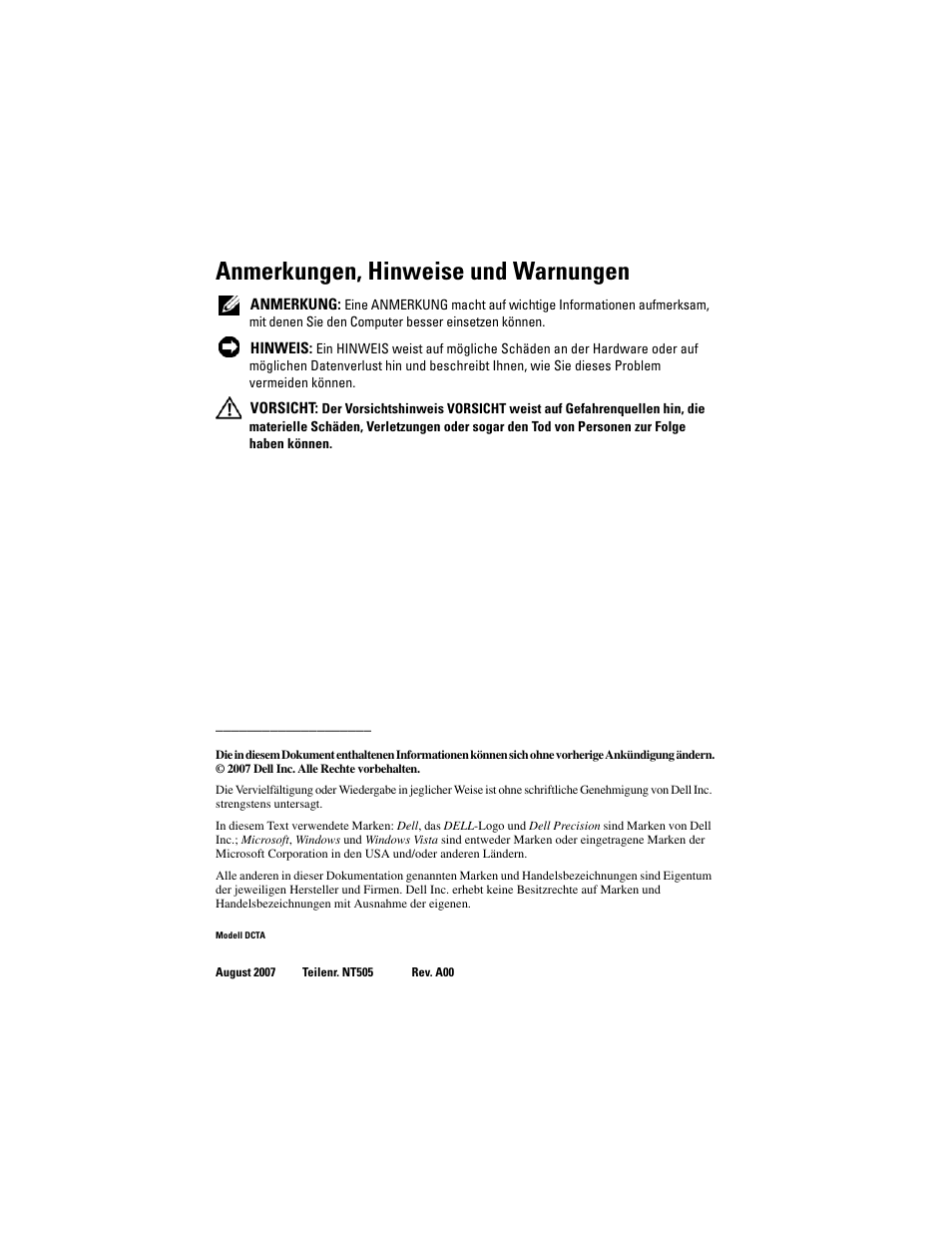 Anmerkungen, hinweise und warnungen | Dell Precision T3400 (Late 2007) User Manual | Page 208 / 422