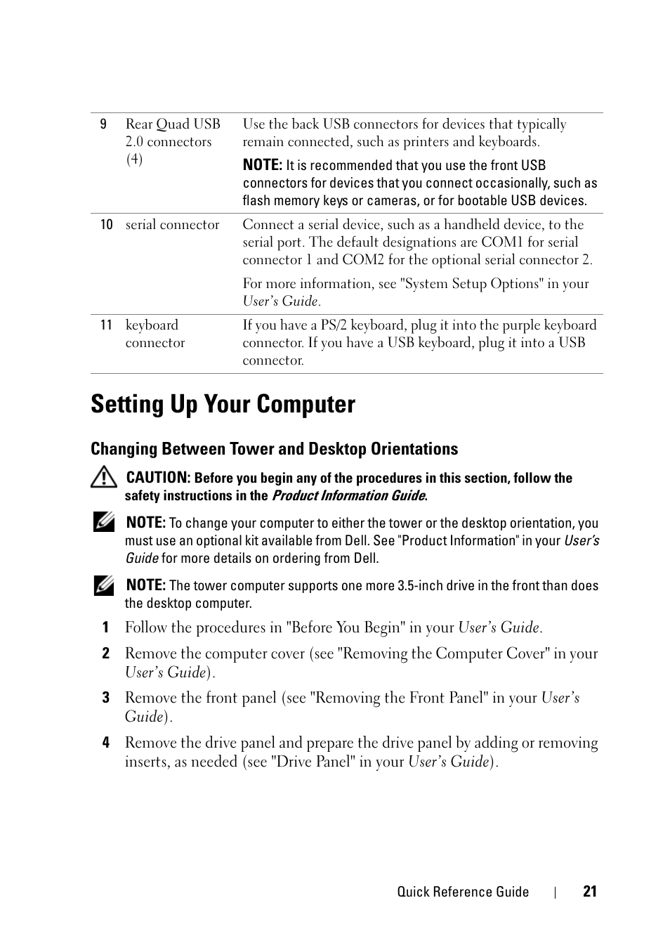 Setting up your computer, Changing between tower and desktop orientations | Dell Precision T3400 (Late 2007) User Manual | Page 21 / 422