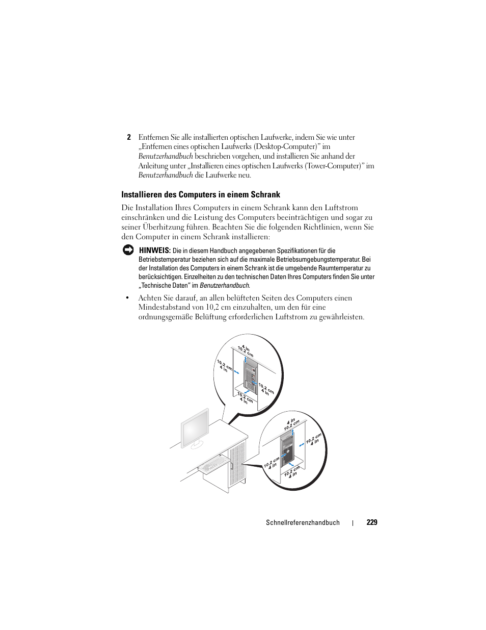 Installieren des computers in einem schrank | Dell Precision T3400 (Late 2007) User Manual | Page 229 / 422