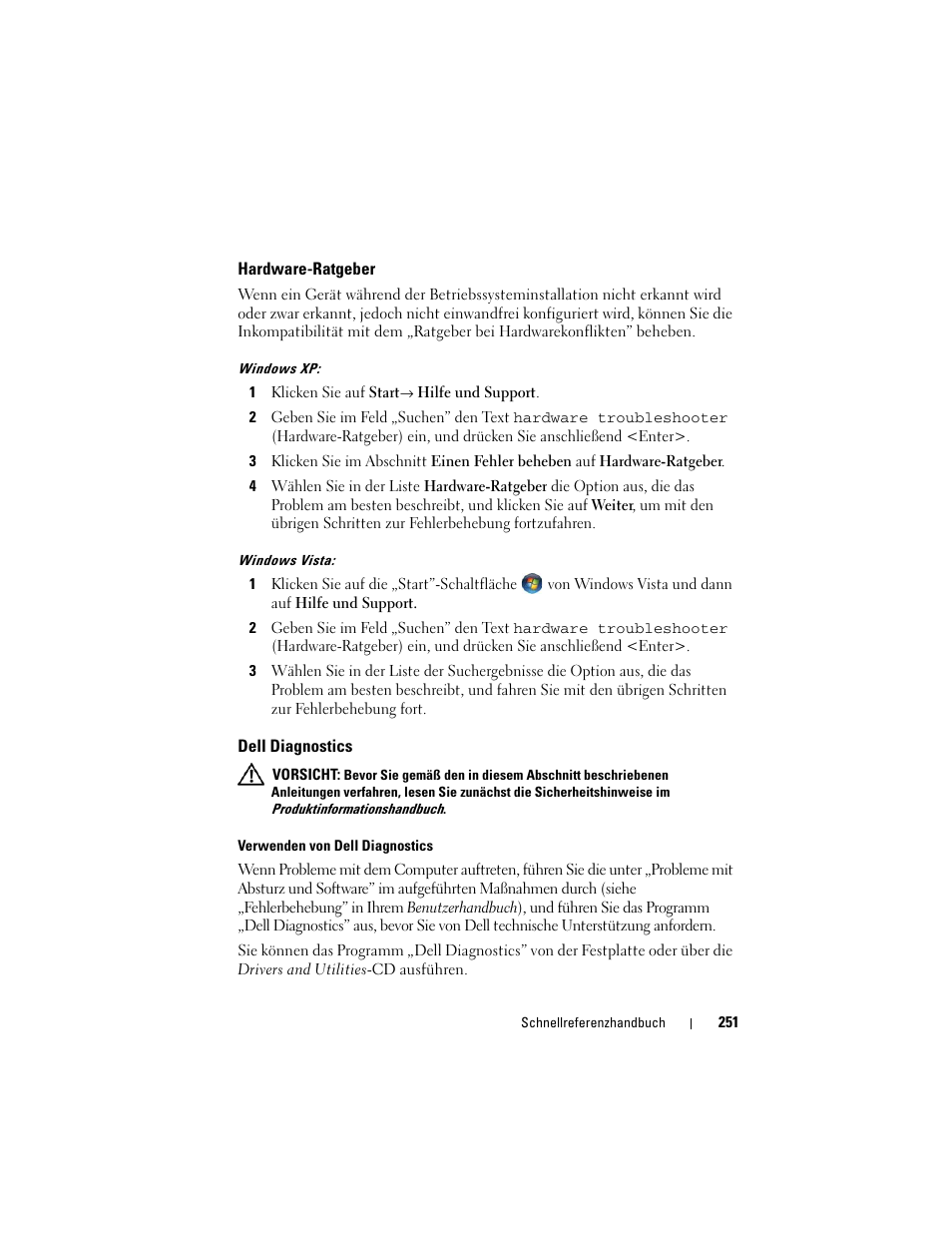 Hardware-ratgeber, Dell diagnostics | Dell Precision T3400 (Late 2007) User Manual | Page 251 / 422