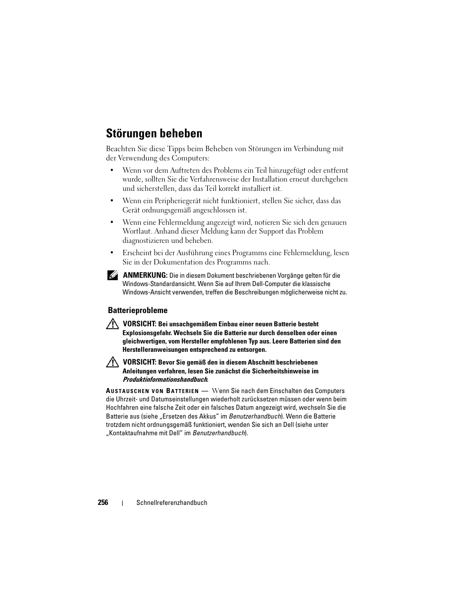 Störungen beheben, Batterieprobleme | Dell Precision T3400 (Late 2007) User Manual | Page 256 / 422