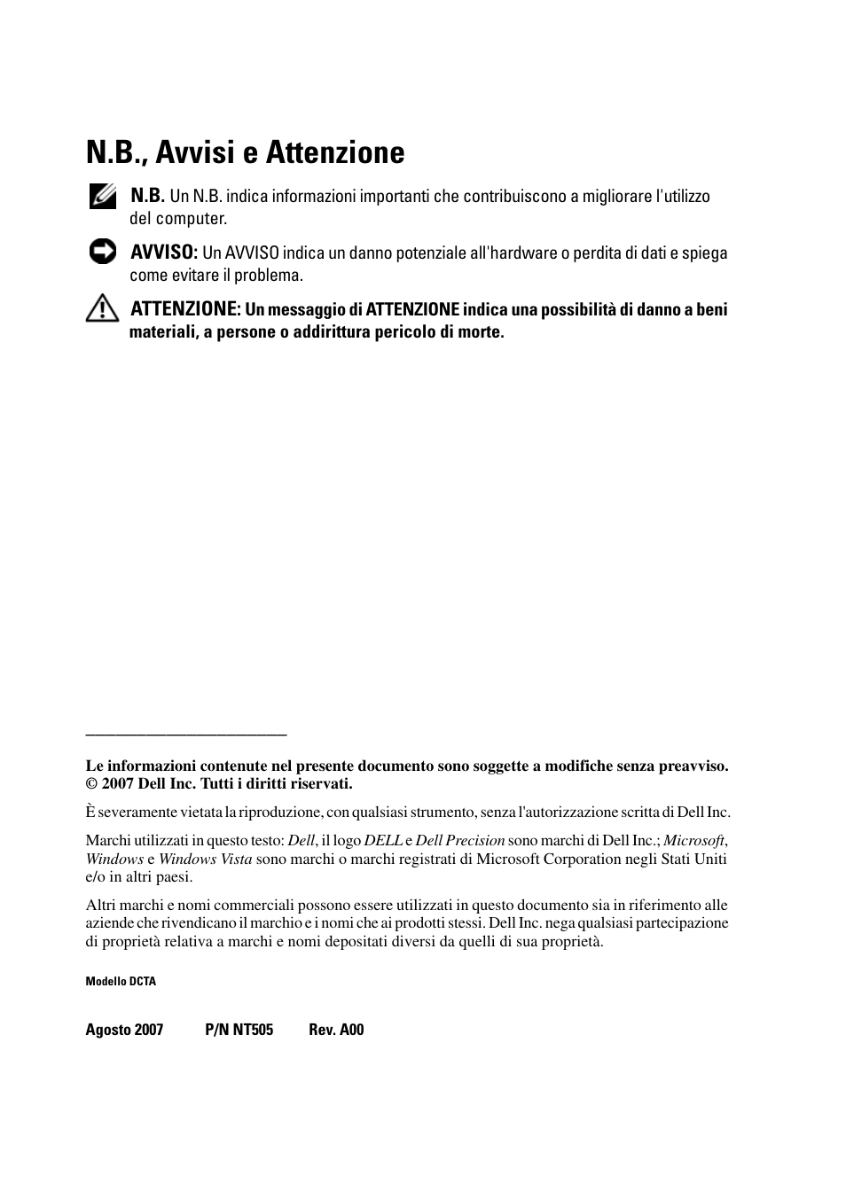 N.b., avvisi e attenzione | Dell Precision T3400 (Late 2007) User Manual | Page 282 / 422