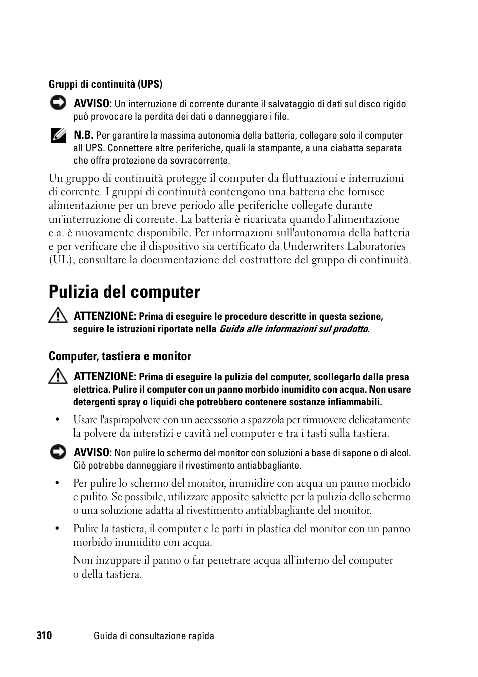 Pulizia del computer, Computer, tastiera e monitor | Dell Precision T3400 (Late 2007) User Manual | Page 310 / 422