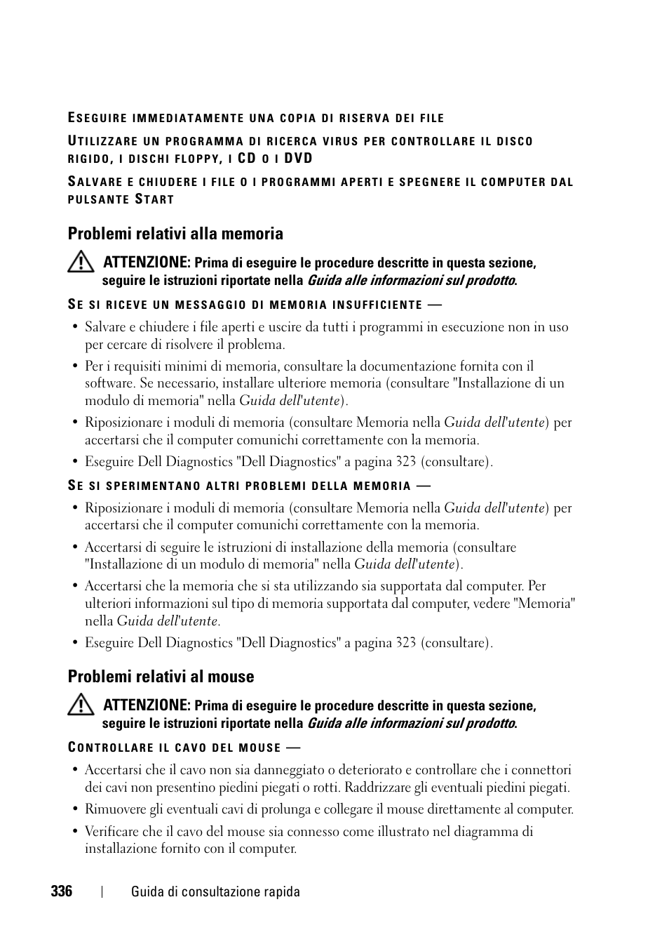 Problemi relativi alla memoria, Problemi relativi al mouse | Dell Precision T3400 (Late 2007) User Manual | Page 336 / 422