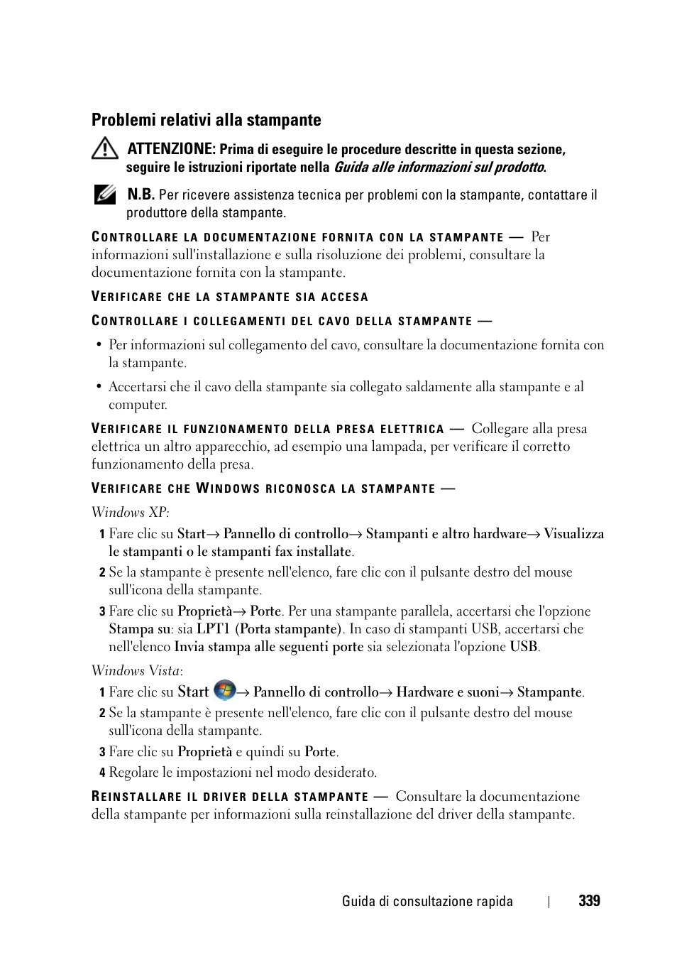 Problemi relativi alla stampante | Dell Precision T3400 (Late 2007) User Manual | Page 339 / 422