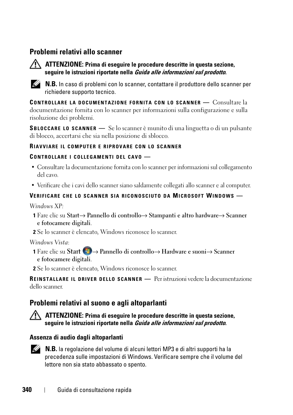 Problemi relativi allo scanner, Problemi relativi al suono e agli altoparlanti | Dell Precision T3400 (Late 2007) User Manual | Page 340 / 422