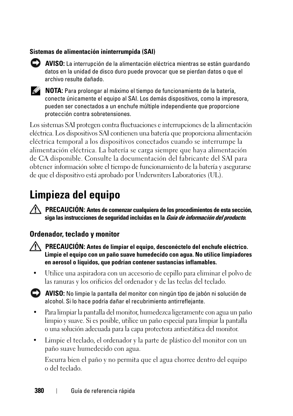 Limpieza del equipo, Ordenador, teclado y monitor | Dell Precision T3400 (Late 2007) User Manual | Page 380 / 422